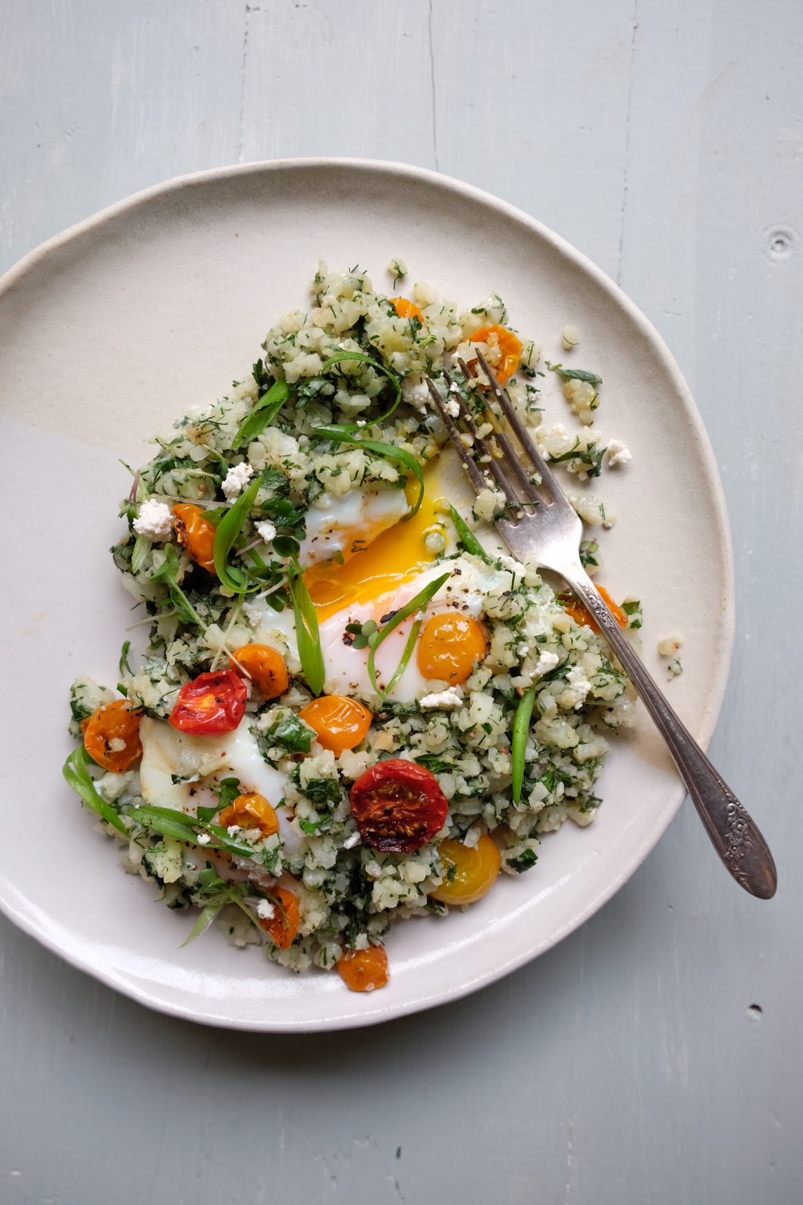 Baked Eggs and Herbed Cauliflower Rice Skillet with Oven Roasted